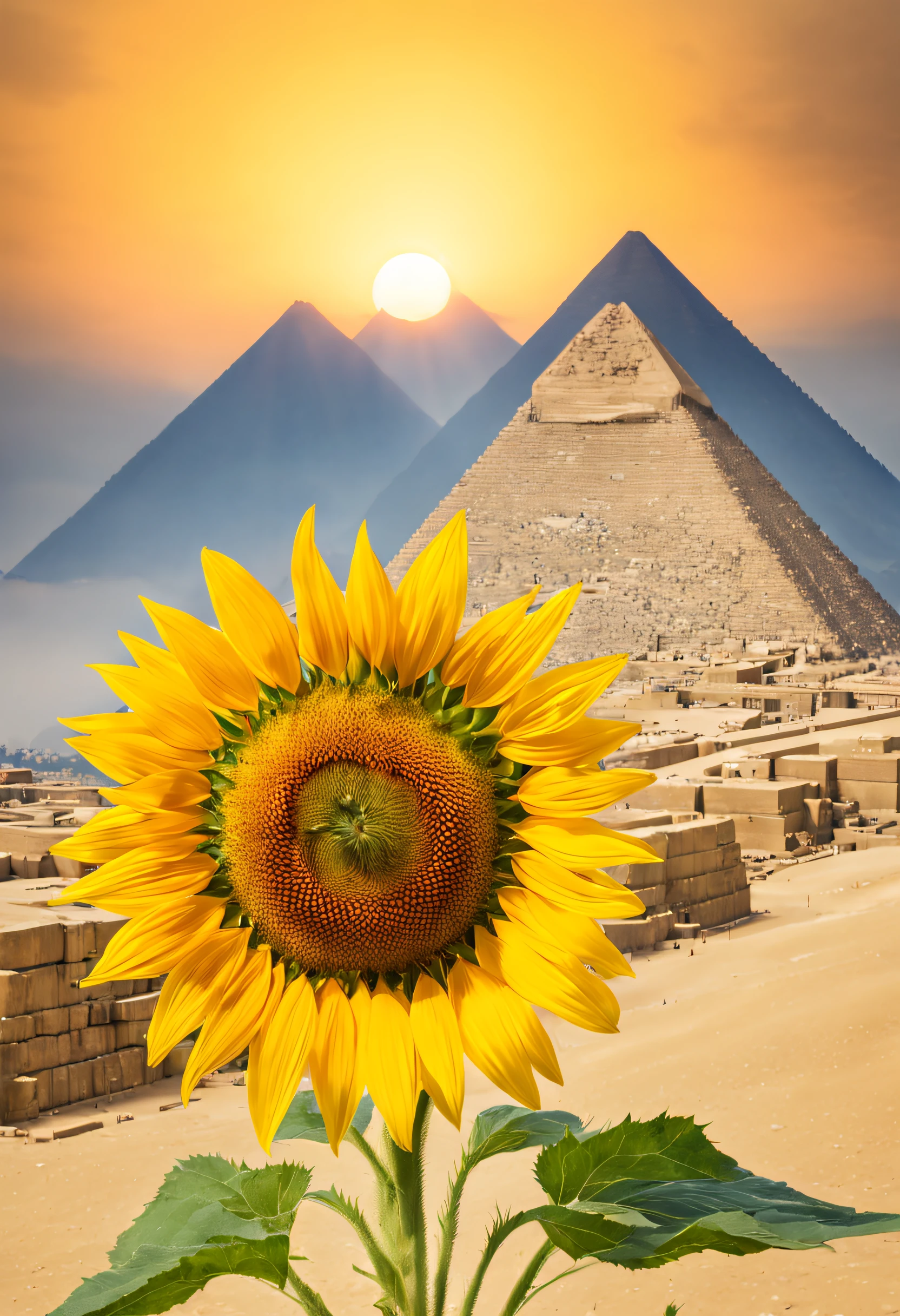 In a stunning convergence of ancient wonder and natural beauty, a vibrant sunflower blooms at the apex of the Pyramid of Giza, casting a striking contrast against the timeless stone monument, as the sunflower's golden petals dynamic structure is evident as the sunflower interacts with the ancient pyramid, god rays, glowing light, highres, best quality, high quality, 16k, masterpiece