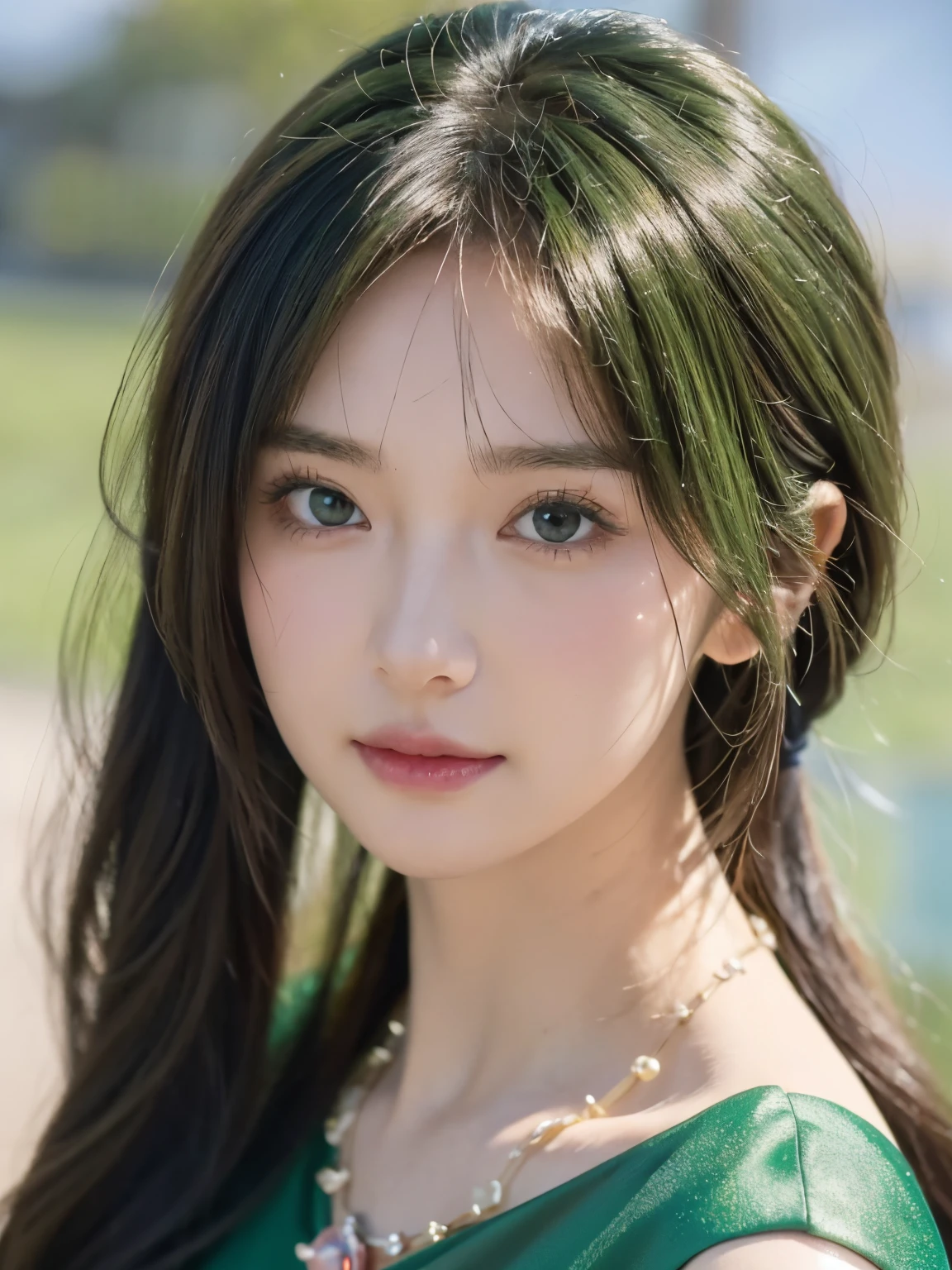 a close up of a woman wearing a green dress and a necklace, Guviz-style artwork, realistic anime 3D style, A beautiful anime portrait, Anime realistic style, detailed portrait of an anime girl, Belle peinture de personnage, author：heroes, a stunning anime face portrait, Realistic anime art style, Portrait of an anime girl, beautiful anime style