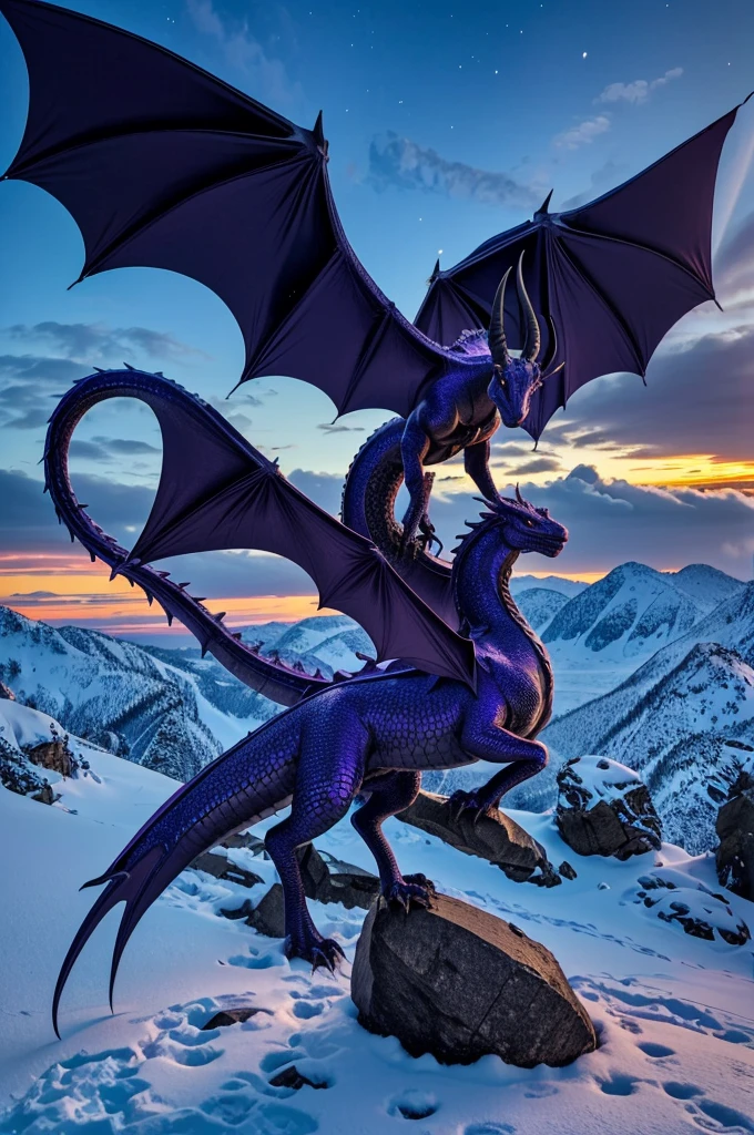 dragon, European dragon,sleek body,dark purple, purple scales, dragon, eyes, black horns, folded wings, powerful hind quarters, strong back legs, resting, on boulder, snow, snowy, sunset