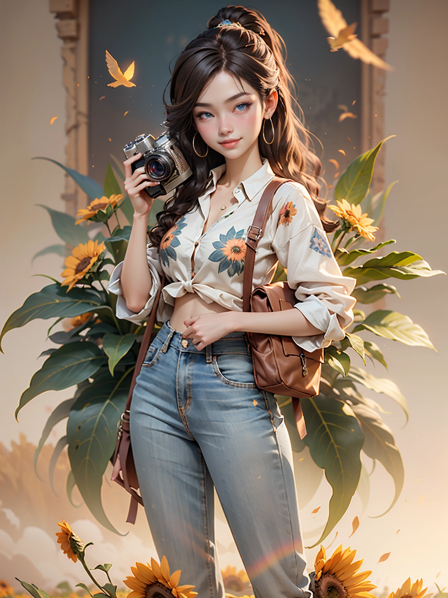 Sculpture design, Figure, (base). female people, caucasian, white, pretty (with brown hair, blue eyes), wearing blue jeans and loose linen shirt, smiling, holding dsl camera, taking picture, sunflower field behind her, Systemic vision,semi transparent,Computer graphic arts,A high resolution,32K,best qualtiy,hyper HD, dunhuang_background