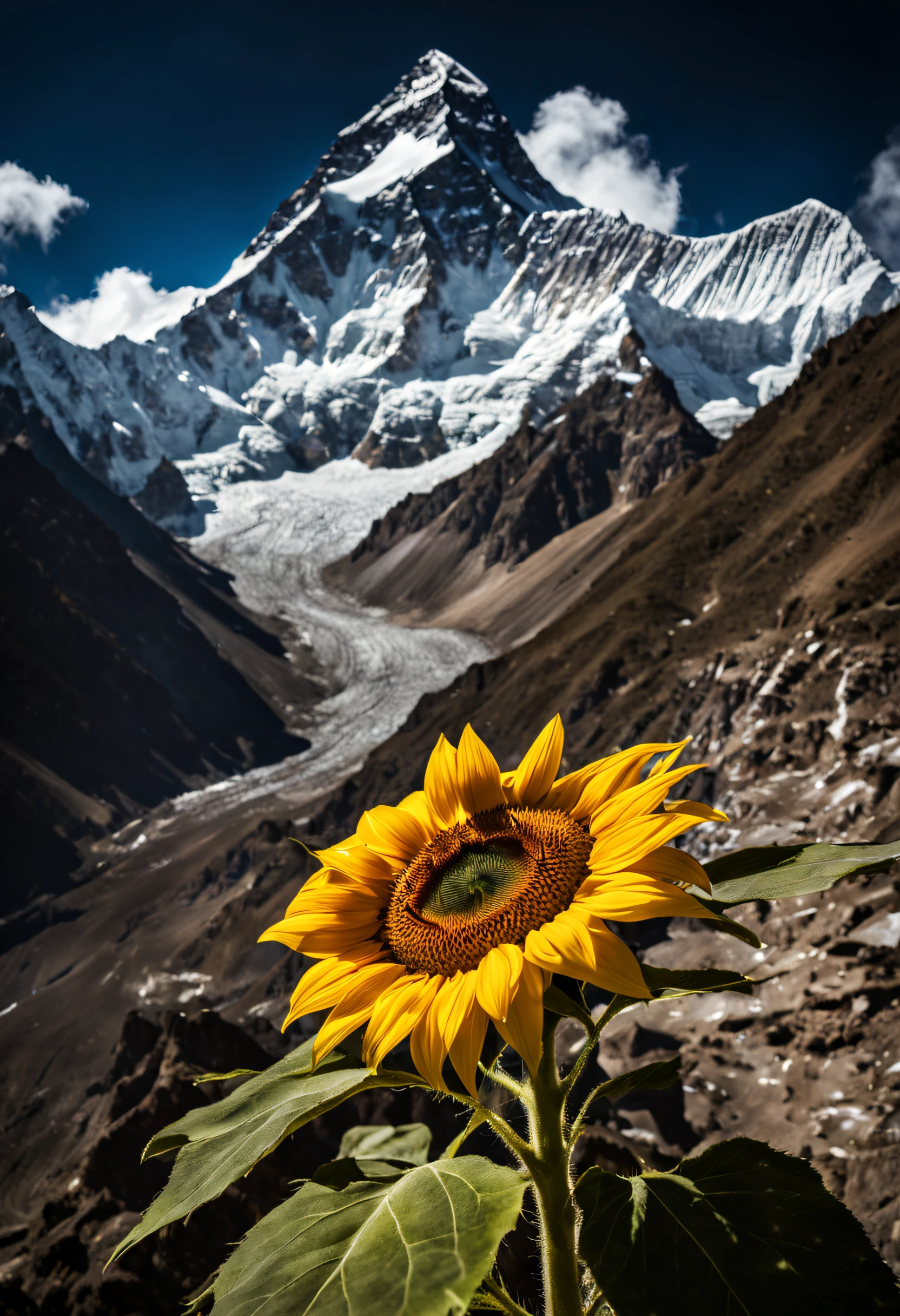 In a breathtaking juxtaposition of natural beauty and extreme terrain, a vibrant sunflower blooms at the summit of Mount Everest, defying the harsh conditions with its radiant petals. This awe-inspiring scene captures the resilience and tenacity of nature, as the sunflower stands as a symbol of hope and vitality in the most unlikely of places, god rays, glowing light, highres, best quality, high quality, 16k, masterpiece