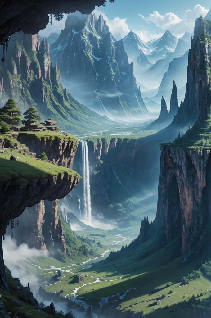 mountains with a waterfall and a few trees in the foreground, impressive fantasy landscape, an epic landscape, fantasy matte painting,cute, fantasy art landscape, most epic landscape, 4k hd matte digital painting, epic fantasy landscape, 4k highly detailed digital art, epic dreamlike fantasy landscape, epic landscape, 4 k matte painting, ross tran. scenic background