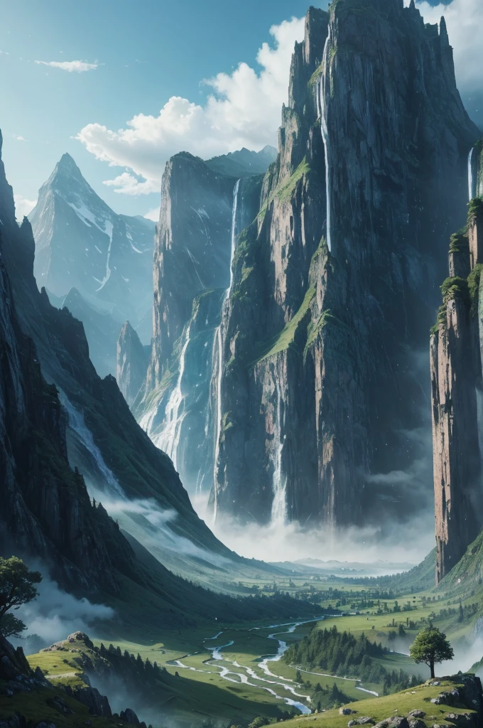 mountains with a waterfall and a few trees in the foreground, impressive fantasy landscape, an epic landscape, fantasy matte painting,cute, fantasy art landscape, most epic landscape, 4k hd matte digital painting, epic fantasy landscape, 4k highly detailed digital art, epic dreamlike fantasy landscape, epic landscape, 4 k matte painting, ross tran. scenic background