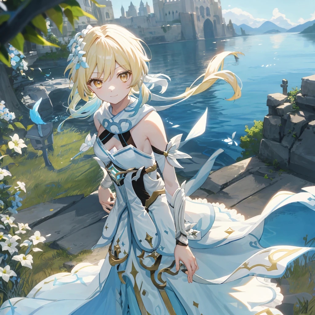 luminedef, The upper part of the body, ssmile, Be red in the face, exteriors, daysieackgound, blue-sky, long whitr hair, Skysky, chies, looking at viewert, stairwayont, moody light,Genre painting