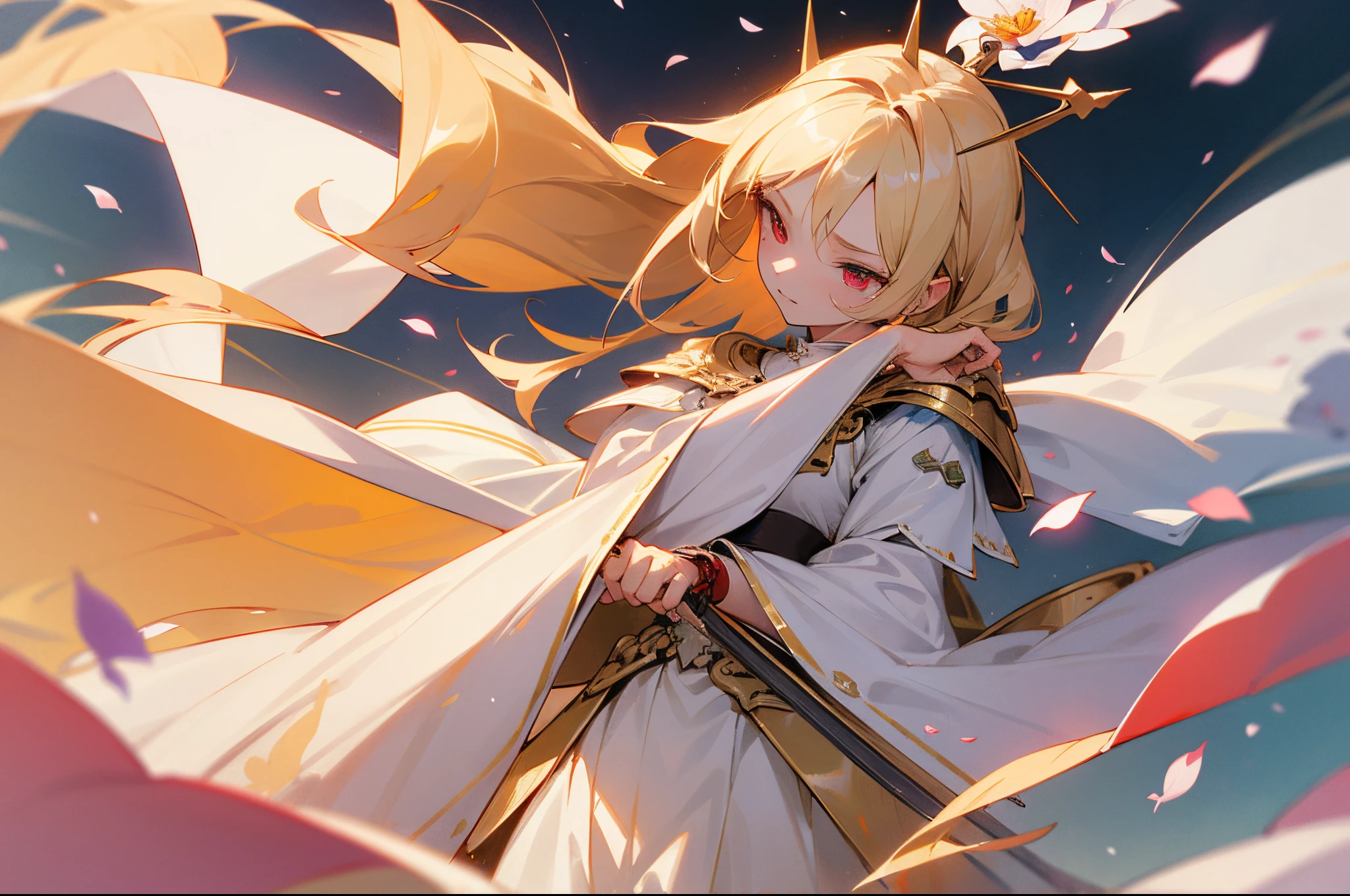 A girl with long blonde hair,Messy waist-length hair,Alone,Royal sister,Detail of golden armor,Detail of white robe,Hand holding detail of petal-shaped white rapier with red handle,Plum blossom petals fluttering in the air,Stand in a sea of flowers,dingdall effect,Incredible,ultraclear,extremely detailed background,Light red eyes,Swordsman,Gentle,Close-up of details