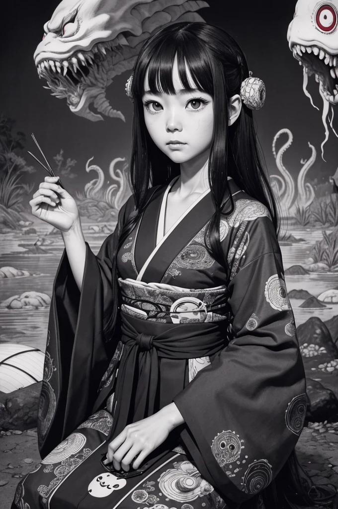 (1 girl:1.2), solo, himecut,traditional japanese clothes, red eyes,cartoon style, joe fenton, a black and white photo of deadpan, camping, unbecoming, gnawling, envy, Ghast (Lovecraftian),calm, soft smile, Wayne Barlowe,, in gochuumon wa usagi desu ka? style, nostalgic