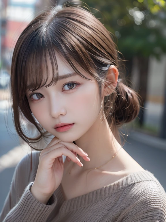 (masterpiece:1.3), (8K, Photorealsitic, Raw photography, Top image quality: 1.4), 20 year old girl、(Random hairstyles:1.2)、Super Detail Face、Eye of Detail、二重まぶた、foco nítido:1.2、prety woman:1.4、light brown hair、poneyTail、Natural Color Lip、top-quality、masterpiece、超A high resolution、(Photorealsitic:1.4)、very detailed and professional lighting、wear a dark blue sweater、slender、serious facial expression、Transparent skin、randome pose、Glowing hair、Gravure Model Pose、