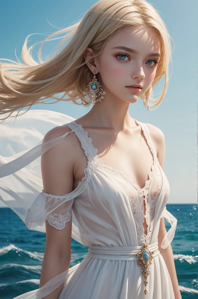 (masterpiece), ((highest quality)), (super detailed), ((very delicate and beautiful)), (incredibly absurd))), (perfect body))), 1 girl, glowing white particles, fighting, holding_sword, blonde bob, red eyes, seventeen years old, outdoor, sky, aura full body, big, white tattered dress, bare shoulders, small smile, sea + background, wind, perfect hands, hand details, modified fingers. Earrings, looking_at_viewer, cowboy shots, rich detail, perfect image quality