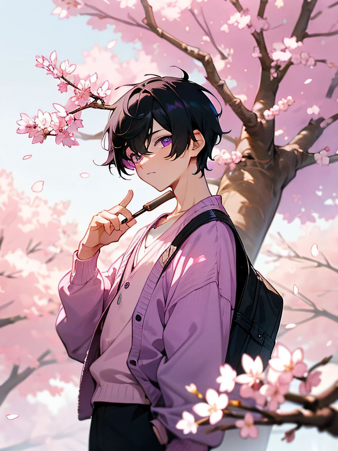 1boy, short black hair, purple eyes, wearing pink cardigan, cherry blossom tree street, high res, ultrasharp, 8K, masterpiece, looking at viewer