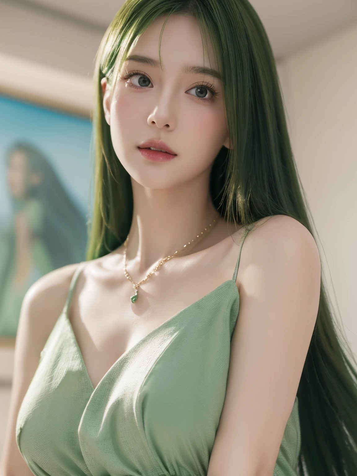 a close up of a woman wearing a green dress and a necklace, Guviz-style artwork, realistic anime 3D style, A beautiful anime portrait, Anime realistic style, detailed portrait of an anime girl, Belle peinture de personnage, author：heroes, a stunning anime face portrait, Realistic anime art style, Portrait of an anime girl, beautiful anime style