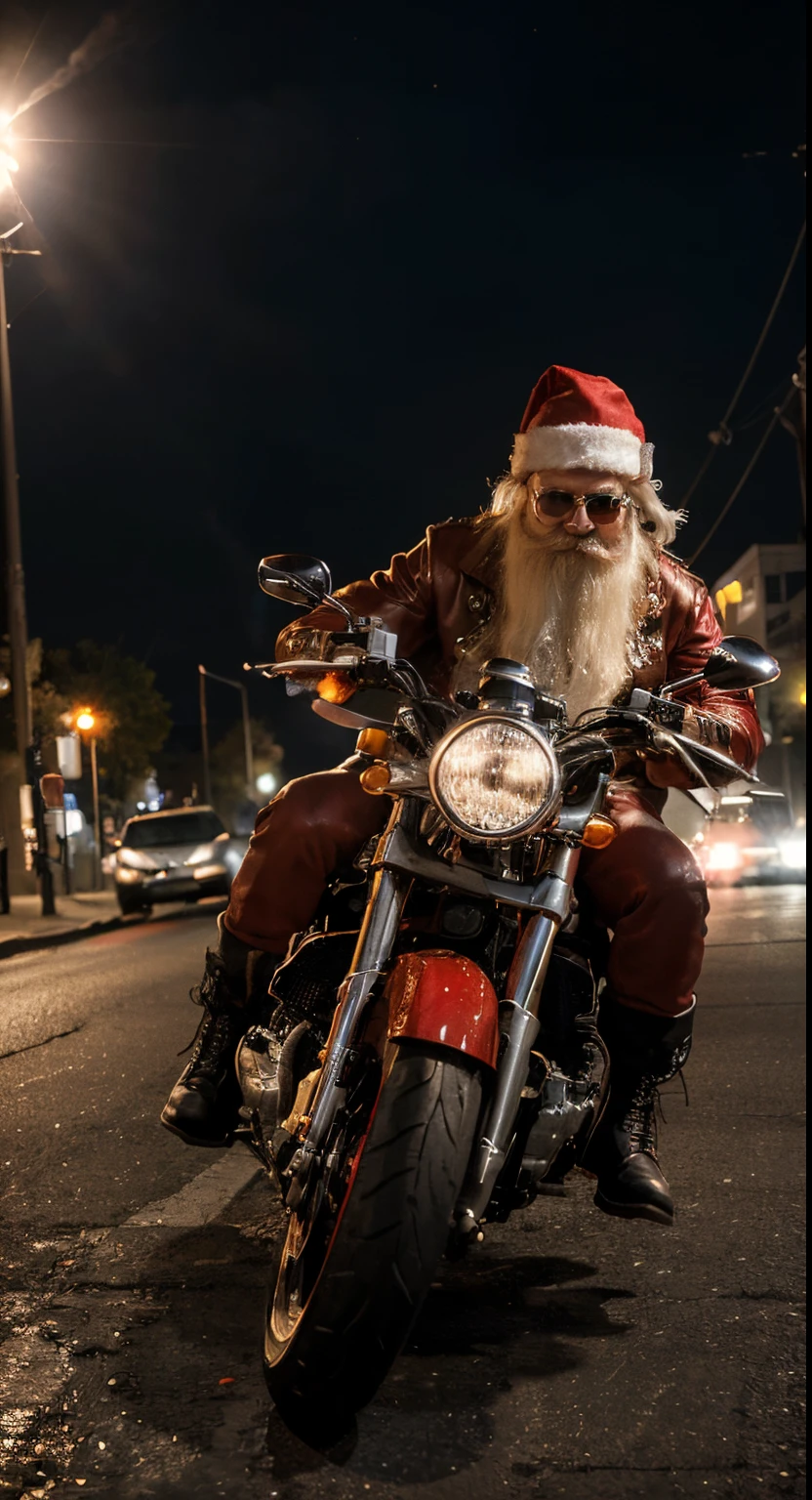 (best quality,4k,8k,highres,masterpiece:1.2),ultra-detailed,(realistic,photorealistic,photo-realistic:1.37),Santa Claus,rocking,black leather jacket,red Santa hat,motorcycle,Harley Davidson,powerful engine,flaming tires,fiery asphalt,roaring engine sound,musical notes,distorted guitar,punk rock vibe,heavy metal,energetic performance,dynamic poses,expressive face,long white beard,dark sunglasses,mysterious aura,vibrant colors,contrast lighting,smoke effects,cool attitude,exciting atmosphere.