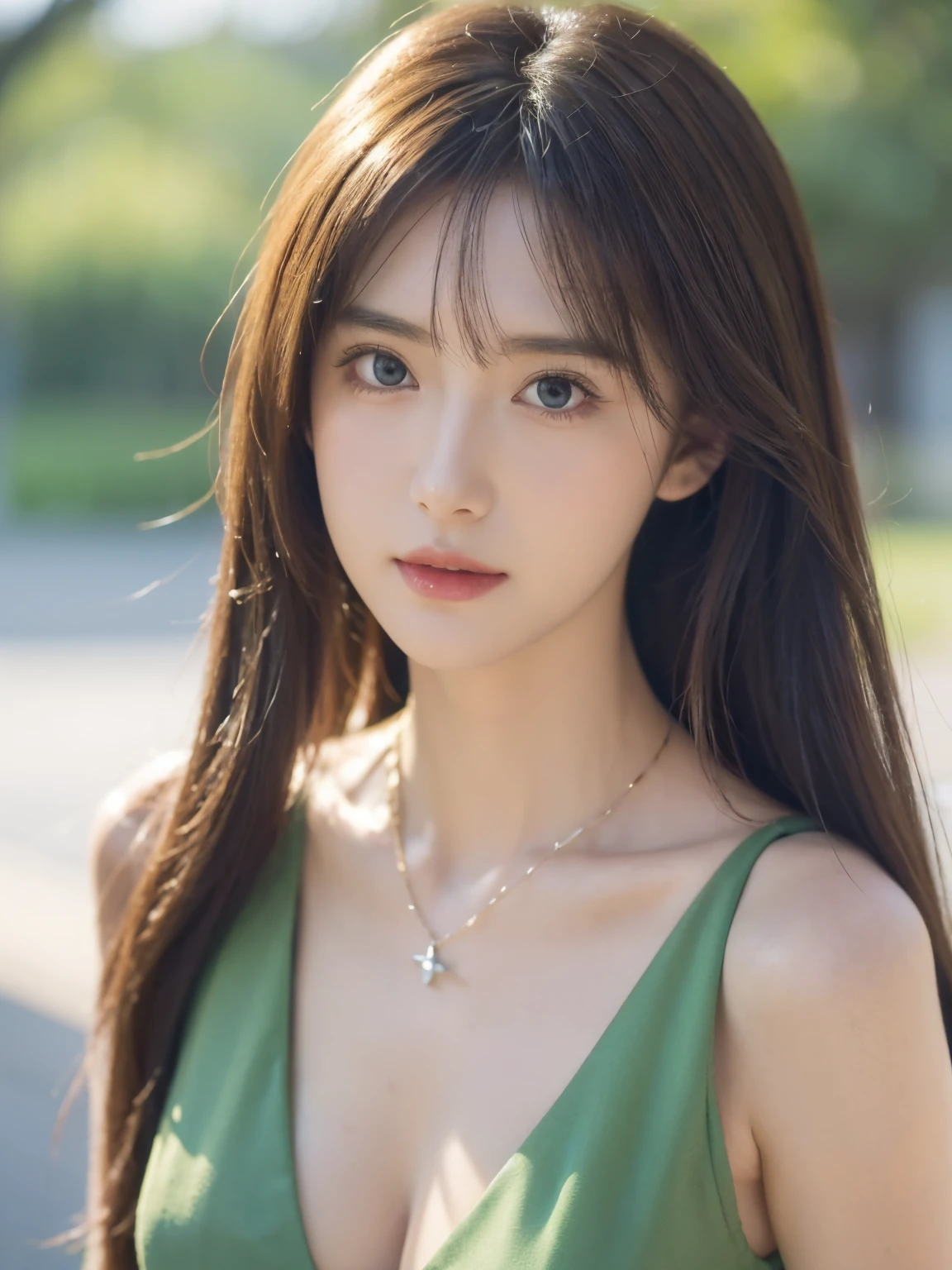 a close up of a woman wearing a green dress and a necklace, Guweiz style artwork, realistic anime 3D style, a beautiful anime portrait, Anime realistic style, detailed portrait of an anime girl, Belle peinture de personnage, author:Hero, a stunning anime face portrait, Realistic anime art style, Portrait of an anime girl, beautiful anime style