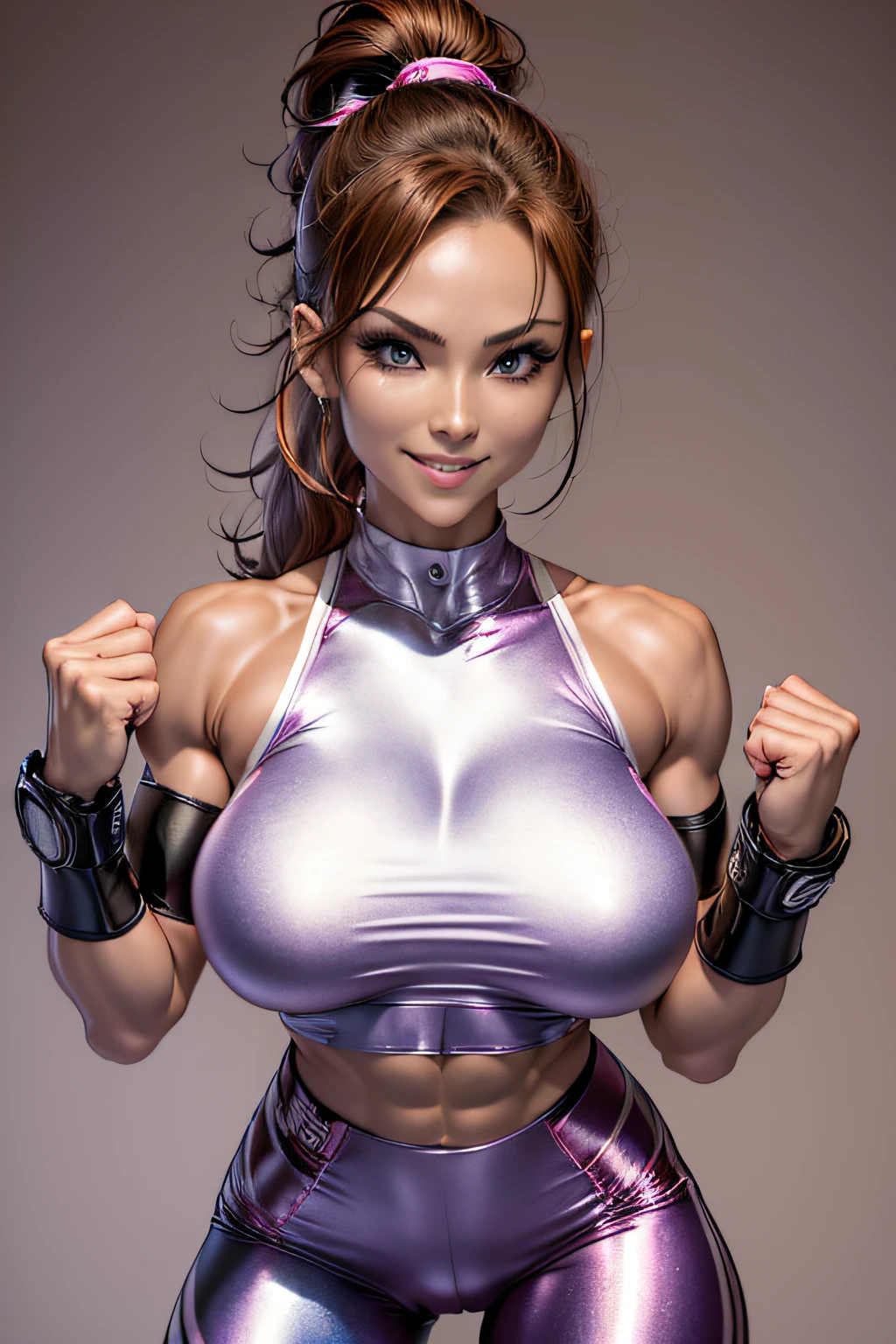 Arafe woman solo with ponytail hair、Fighting Game Fighter、Fitness Model、Wearing metallic pink battle uniform、slim and long legitimate body shape、(Sharp Focus:1.5), Photo, attractive young woman, (Beautiful face:1.1), Detailed eyes, luscious lips, (smokey eye makeup:0.85), (large full breasts:1.5), (athletic bodies:1.5), Five-fingered、two-armed、nippless、half-pants、White belt、Pose ready to fight、Mischievous smile