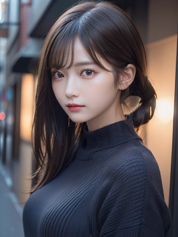 (masterpiece:1.3), (8K, Photorealsitic, Raw photography, Top image quality: 1.4), 20 year old girl、(Random hairstyles:1.2)、Super Detail Face、Eye of Detail、二重まぶた、foco nítido:1.2、prety woman:1.4、light brown hair、poneyTail、Natural Color Lip、top-quality、masterpiece、超A high resolution、(Photorealsitic:1.4)、very detailed and professional lighting、wear a dark blue sweater、slender、serious facial expression、Transparent skin、randome pose、Glowing hair、Gravure Model Pose、