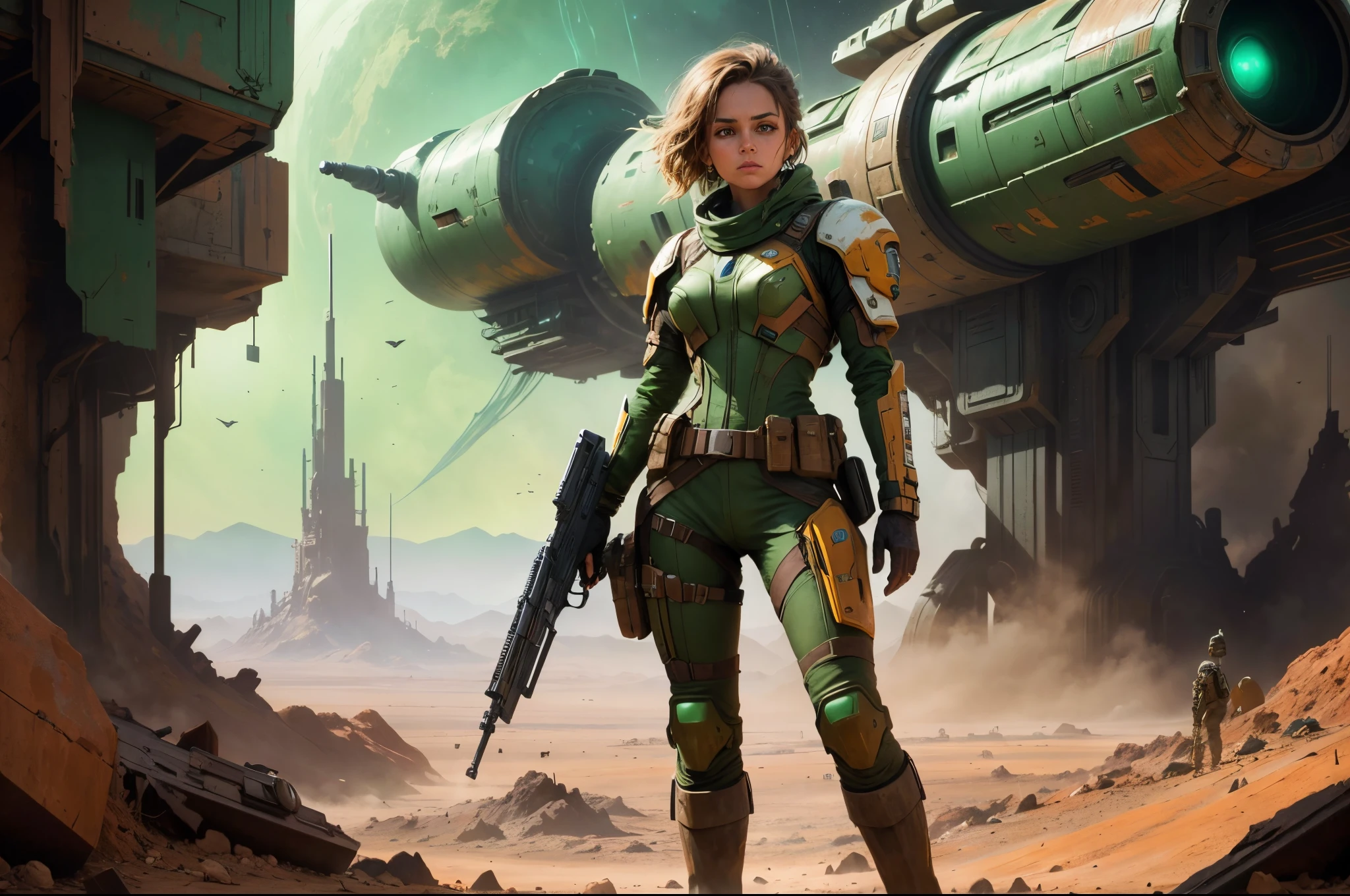 dust covered Woman's last stand back up against the wall on a rusty distopian planet, post apocoyps of a long dead advanced alien world war, wearying torn durty spacey uniform of leather browns tans and green bilitary tan trecking boots, holding a large suffisticated looking worn futuristic space rifle also a small matching pistol and worn servival pack 64k resolution sci-fi dystopian world art style hyperdetailed impressionistic design, science fiction,
Negative Prompt