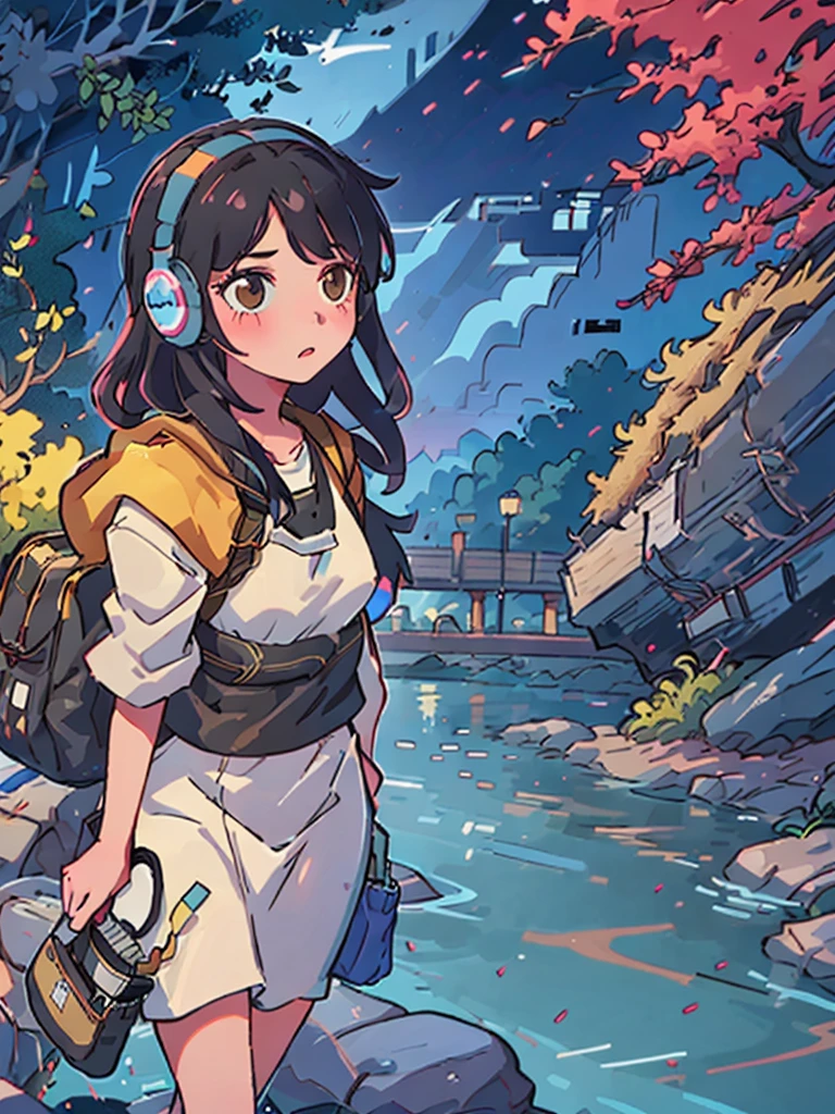 Focus on a girl with black medium-length hair.
Highlight her strolling along the riverbank, carrying a bass bag on her shoulder.
Describe the surrounding background, presenting warm, earthy tones.
Emphasize the riverside scenery, especially during the warm hues of the twilight.
Depict the details of the girl's black medium-length hair.
Highlight her wearing wired headphones, connected to her phone.
Describe the girl wearing trendy clothing.
Emphasize her carrying a bass bag on her shoulder, possibly featuring stylish design elements