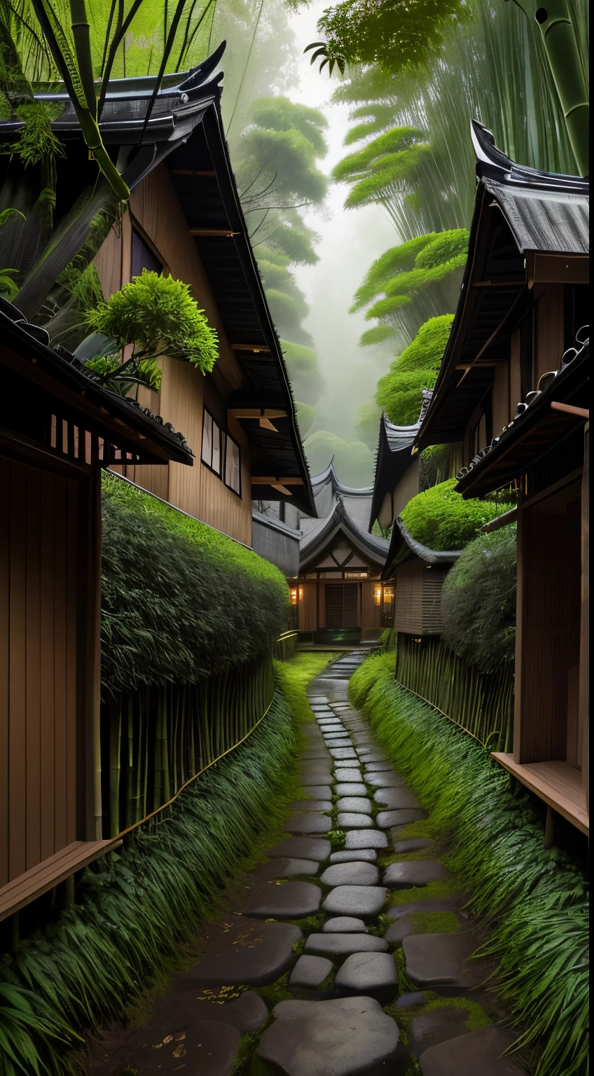 Live shooting, at night, on a rainy day, in the middle of a dense bamboo forest on a hillside, there is a wet and secluded stone path with wooden railings. In the distance, it is foggy. The thatched cottage on the left, the wooden tail on the hillside opens a door, and the lights are on. The nearby bamboo is thick and green, and the bamboo in the bamboo forest is next to one another, showing all the bamboo leaves. Wide-angle shooting, the picture is ultra-high-definition, ultra-real
