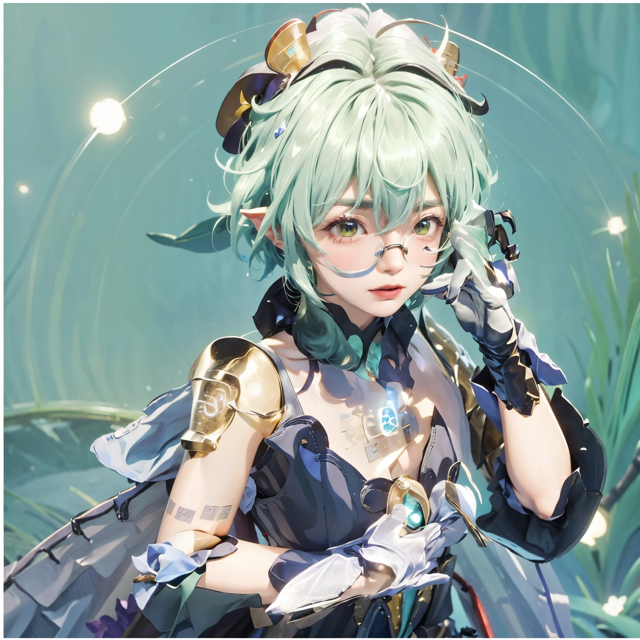 a green hair、Close-up of a man wearing glasses, genshin impact, Genshin impact's character, 《genshin impact》Ke Qingyu, genshin impact style, Portrait of a knight of the zodiac girl, Ayaka Genshin impact, genshin impact, 《genshin impact》Zhongli in Zhongli, video game genshin impact, ayaka game genshin impact, Starting from the night of the ark，White gloves