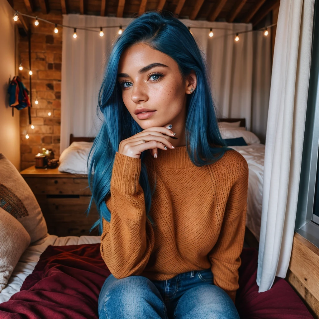photo of beautiful woman with blue hair, wearing red sweater and Blue jeans, hair roots slightly faded, Italian, influencer, light freckles, brown eyes, no make up, Instagram, in a cozy bedroom