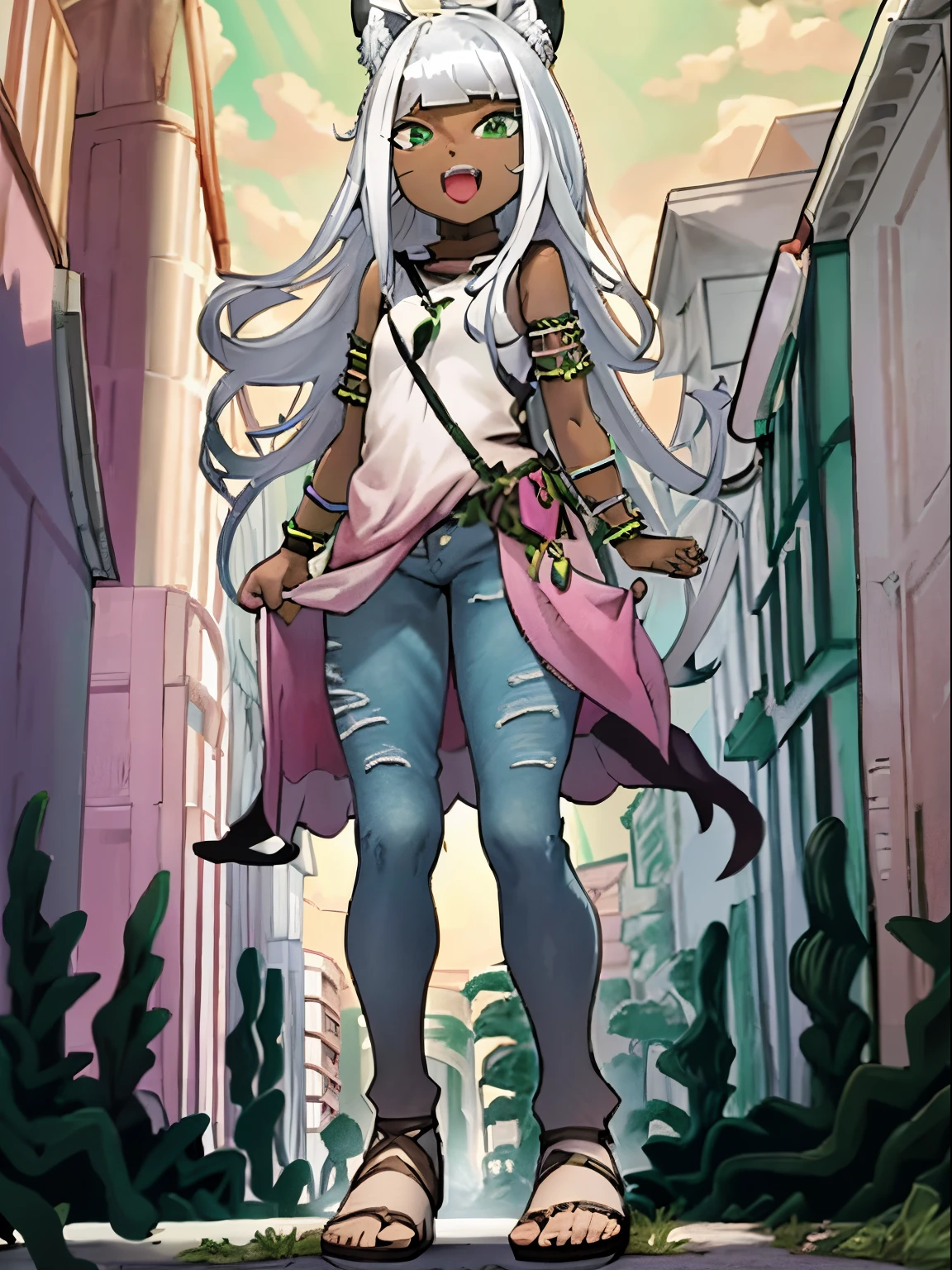 Ochette, dark skin, white hair, green eyes, giantess, huge, 70 ft tall, cute, full body, best quality, pink dress, metal bracelets, larger than buildings, flat ground, street, ground visible, black jeans, adorable, kind, gentle, empty hands, small build, slim, curious, detailed mouth, size difference, standing over skyscrapers, sandals, tiny city