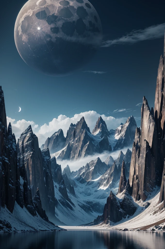 mountains and a lake with a moon in the sky, 4k highly detailed digital art, 4 k hd wallpaper very detailed, impressive fantasy landscape, sci-fi fantasy desktop wallpaper, unreal engine 4k wallpaper, 4k detailed digital art, sci-fi fantasy wallpaper, epic dreamlike fantasy landscape, 4k hd matte digital painting, 8k stunning artwork