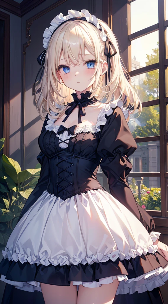 (Pussy exposed,)(masutepiece, Best Quality:1.2), 8K, 85 mm, Official art, Raw photo, absurderes, Platinum Blonde Hair, (Blue eyes, ta Fashion, sweetlolita, Gothic, Dress:1.2), Idol face, Upper body, Beautiful Girl, gardeniass, Copenhagen, Short sleeve, Elegance, Sophisticated, gardenia, Looking at Viewer, Film grain, chromatic abberation, Sharp Focus, face lights, Dynamic lighting, Cinematic lighting, embarassed expression, (((tucking up the skirt、White panties are visible)))、Beautiful and perfect legs, Clean and perfect hands