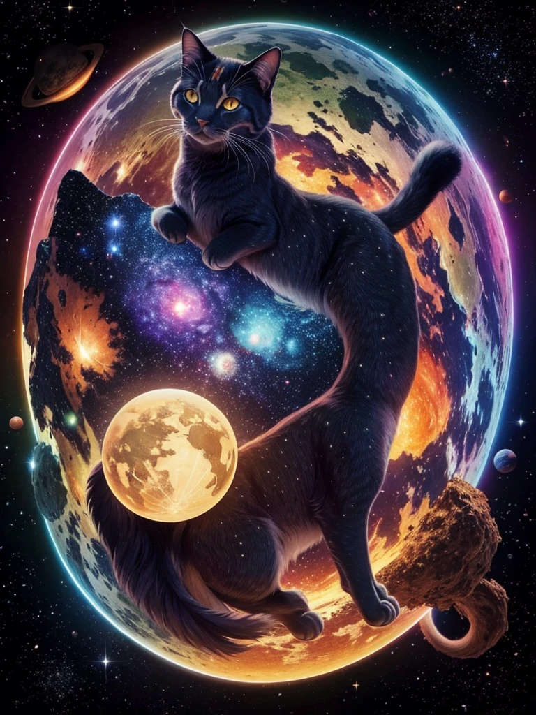 Hot Colossal Celestial Multicolored Cat goddess with many stars and planets surrounding it, as well as many stars.
