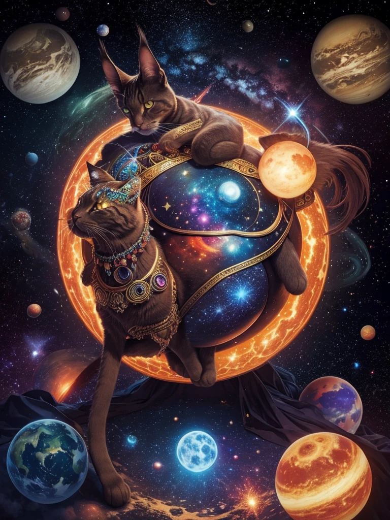 Hot Colossal Celestial Multicolored Cat goddess with many stars and planets surrounding it, as well as many stars.
