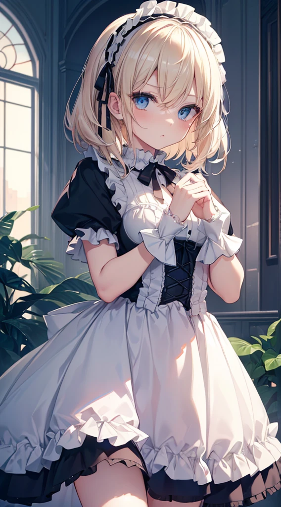 ( Exposed,)(masutepiece, Best Quality:1.2), 8K, 85 mm, Official art, Raw photo, absurderes, Platinum Blonde Hair, (Blue eyes, ta Fashion, sweetlolita, Gothic, Dress:1.2), Idol face, Upper body, Beautiful Girl, gardeniass, Copenhagen, Short sleeve, Elegance, Sophisticated, gardenia, Looking at Viewer, Film grain, chromatic abberation, Sharp Focus, face lights, Dynamic lighting, Cinematic lighting, embarassed expression, (((tucking up the skirt、I can see the)))、Beautiful and perfect legs, Clean and perfect hands