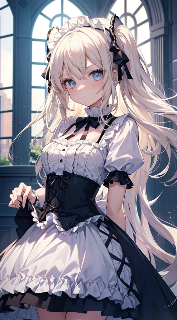 ( Exposed,)(masutepiece, Best Quality:1.2), 8K, 85 mm, Official art, Raw photo, absurderes, Platinum Blonde Hair, (Blue eyes, Lolita Fashion, sweetlolita, Gothic, Dress:1.2), Idol face, Upper body, Beautiful Girl, gardeniass, Copenhagen, Short sleeve, Elegance, Sophisticated, gardenia, Looking at Viewer, Film grain, chromatic abberation, Sharp Focus, face lights, Dynamic lighting, Cinematic lighting, embarassed expression, (((tucking up the skirt、I can see the)))、Beautiful and perfect legs, Clean and perfect hands