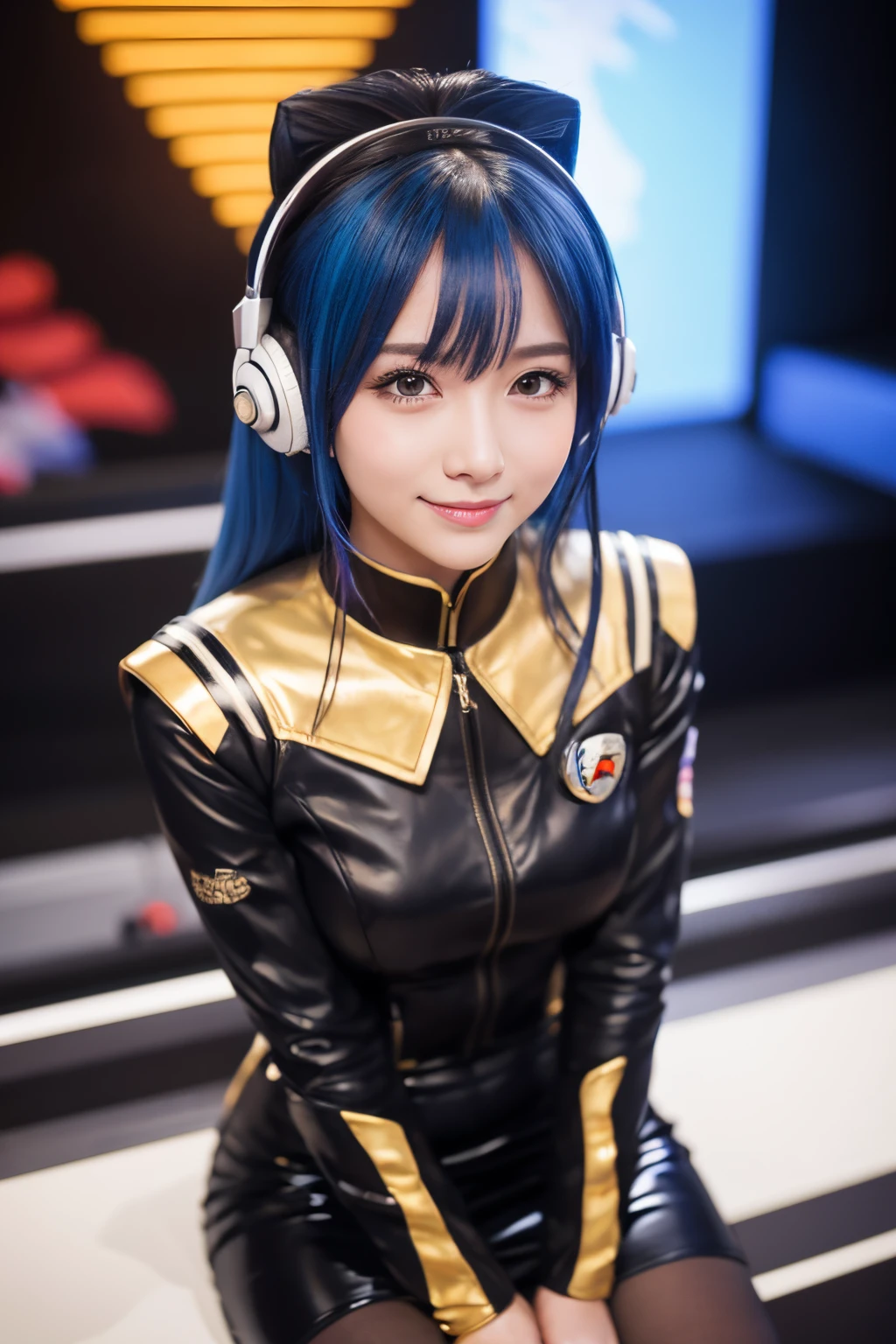 masutepiece, Best Quality, 8K、(Golden Ratio Face、Balanced eyes、very gentle eyelids)、二重まぶた、An innocent face、Young Face、Beautiful nasal muscles、Shy laughter、lipgloss 、Very beautiful girl、Beautiful girl solo like a model、 wearing a starfleet uniform, complete starfleet uniform、clear outfit design、shiny uniform、Blue hair、headset on head、skirt by the、pantyhose、battleship cockpit,SFThe world of,anime world girl、futuristic background、