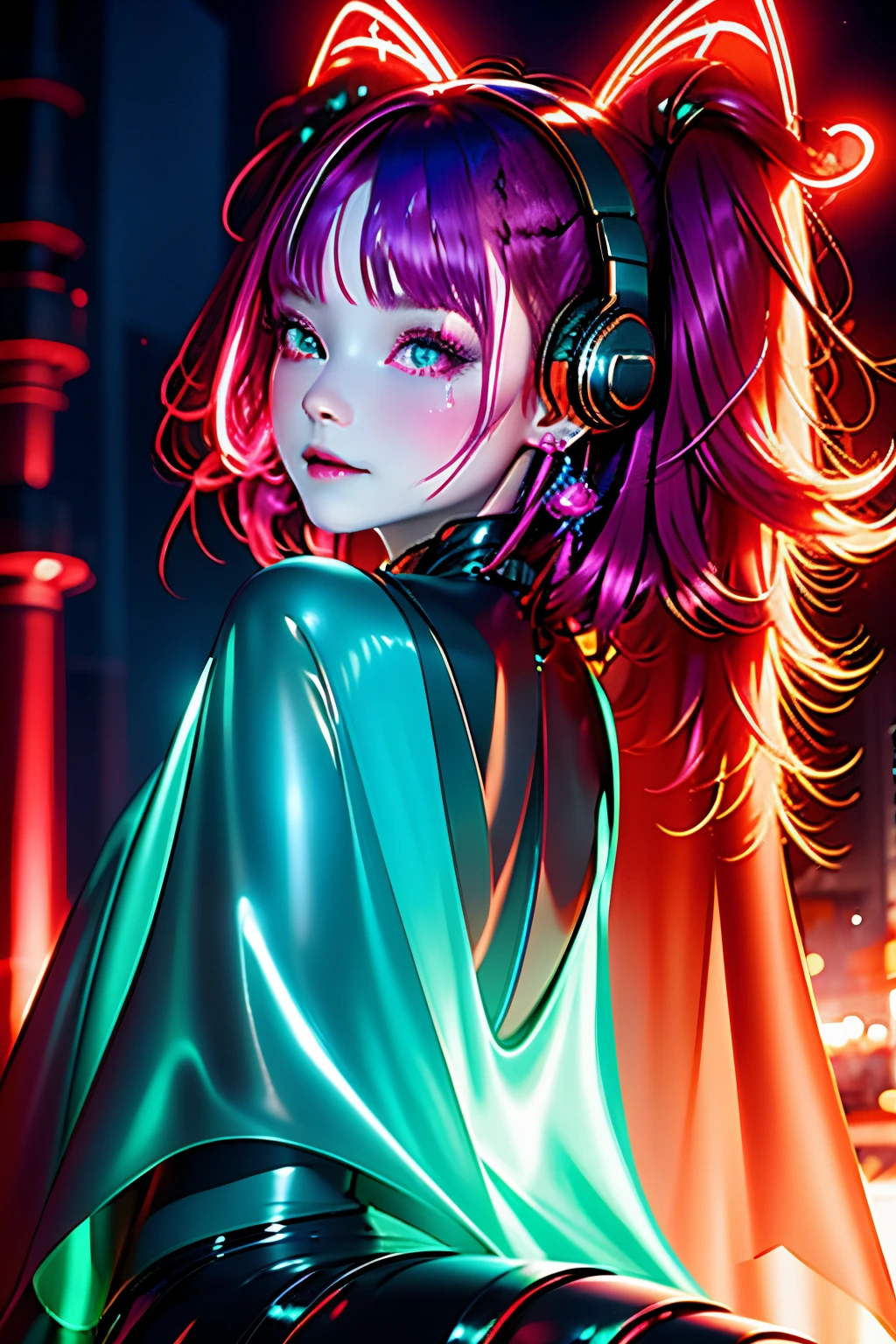 1 girl, Chinese_Clothes, metallic black titanium and pink, cyberhan, Cheongsam, Cyberpunk City, Dynamic Pose, (((Detailed blue light-emitting headphones, Bright blue hair accessories))), Long hair, Luminous earrings, glowing necklace, Cyberpunk, High-tech City, Full of mechanical and futuristic elements, Futuristic, Technology, glowing neon, Pink, Pink light, sexy skirt, translucent black cape, laser lights, digital background sky, Big Moon, with vehicle, Best Quality, masutepiece, 8K, character edge light, Super High Detail, High quality, the most beautiful woman in human beings, Smile, face facing front and left and right symmetry, ear decoration, long antenna glow, Beautiful pupils, Light Effects, Visual data, Silver-Red Orange Hair Dye, ultra-detailed facial texture, Happy and proud, arma , crowded street aisle, Mecha style, Wearing glowing antennae on the head, Back Injector, Girly sitting position, Side leg shrinkage