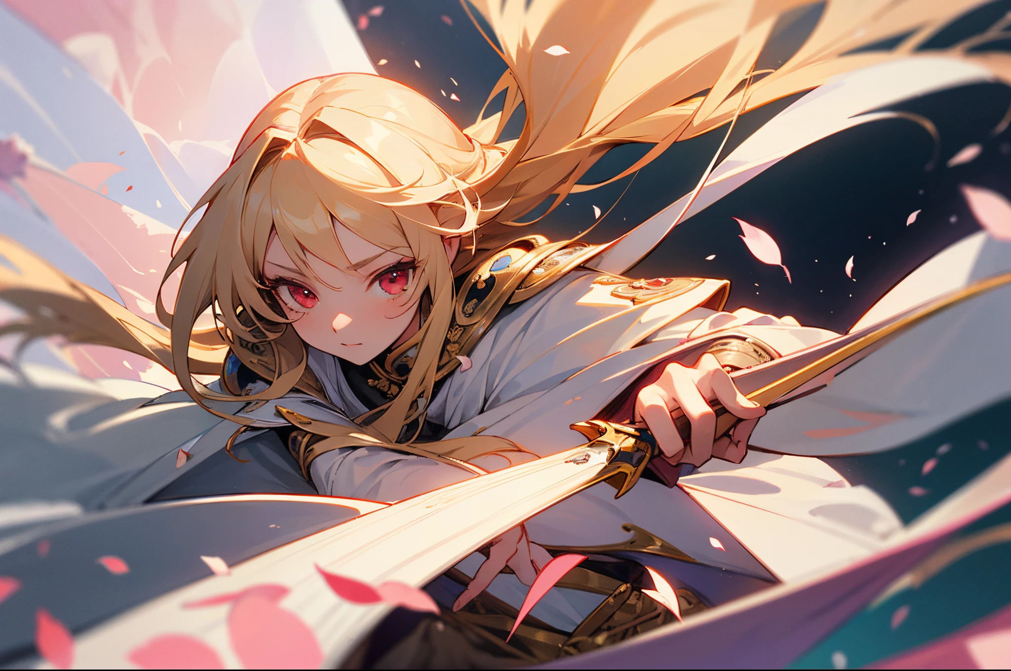 A girl with long blonde hair,Messy waist-length hair,Alone,Royal sister,Detail of golden armor,Detail of white robe,Hand holding detail of petal-shaped white rapier with red handle,Plum blossom petals fluttering in the air,Stand in a sea of flowers,dingdall effect,Incredible,ultraclear,extremely detailed background,Light red eyes,Swordsman,Gentle,Close-up of details