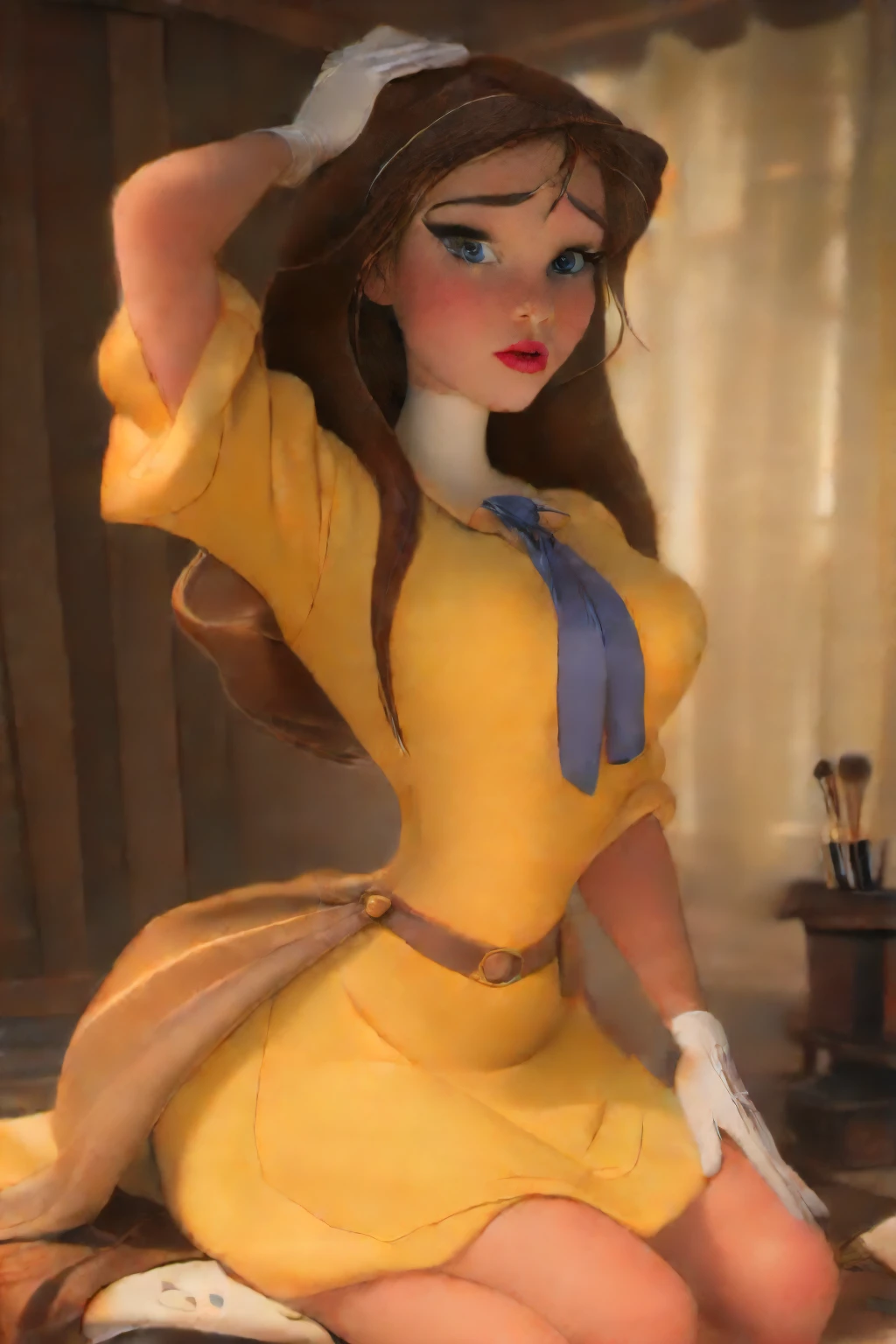 Masterpiece, ultra detailed, best quality, 8k, pikkyjane,1girl,solo,looking at viewer,brown hair,long hair,blue eyes,breasts,medium breasts,gloves,dress,makeup,yellow dress,white gloves,lipstick,