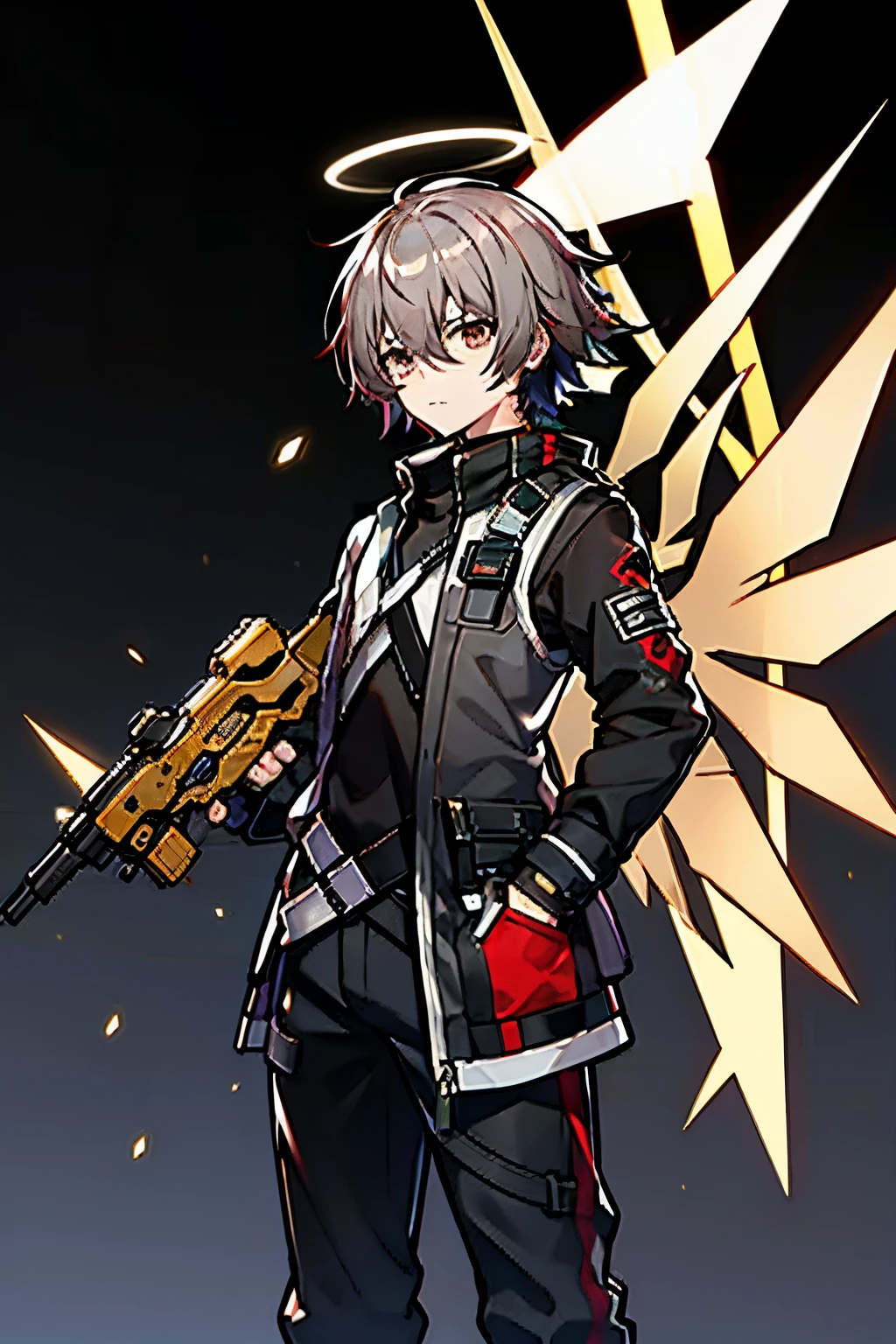 (masterpiece), best quality, solo, arknights design, arknights character, arknights style, arknights operator, lean body, toned body, Ash gray hair, white halo, sharp eyes, gray eyes, pale skin, medium height, dark, durable pants, reinforced jacket, vest, boots, pistol holster, pistol strap, combat knife, bangs between eyes, man, young man, boy, male, militant, holographic angular shaped wings, ashes, black smoke from behind, black silence, night, dark background, orange yellowish lights, golden trims, gray clothing, dark clothing