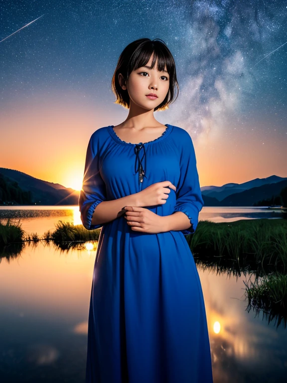 (beautiful breast:1.5),(shiny skin:1.1),(smile:1.1),(narrow waist:1.2),(muscle body:1.1),(young american :1.5),
(big smock:1.5),
(1 girl:1.2),(A beautiful lake with a starry sky reflected in it:1.5),
(short shaggy hair:1.1),(bangs:1.1),(shiny yellow hair:1.1),
,