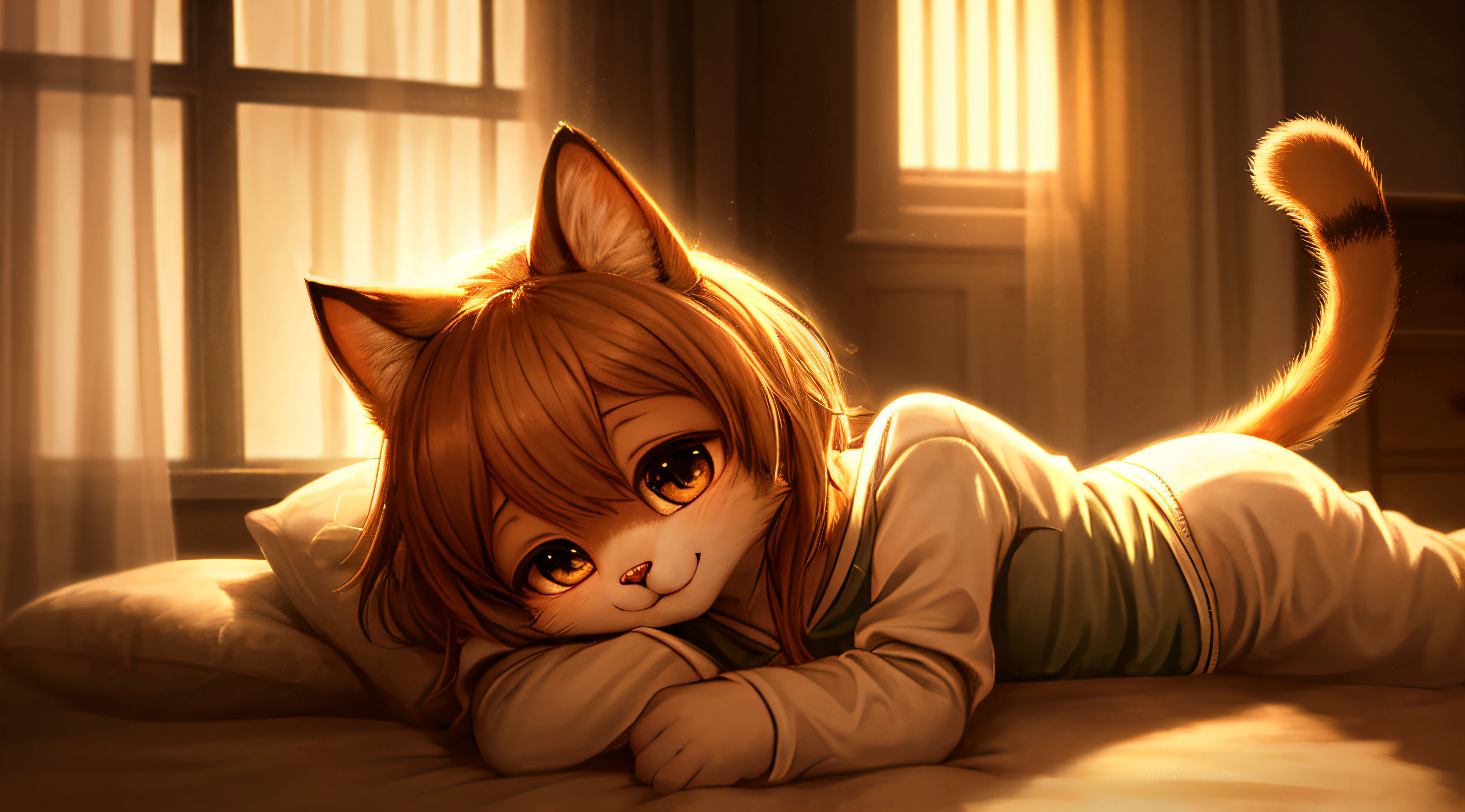 cat anthropomorphic home clothes, Cute face, fluffy ears, furry tail, Delicate lighting and shadows, Best quality at best, exquisite facial features, Good ambient light, Ultra-fine fur、Volumetric light is very detailed,Finest quality furry art