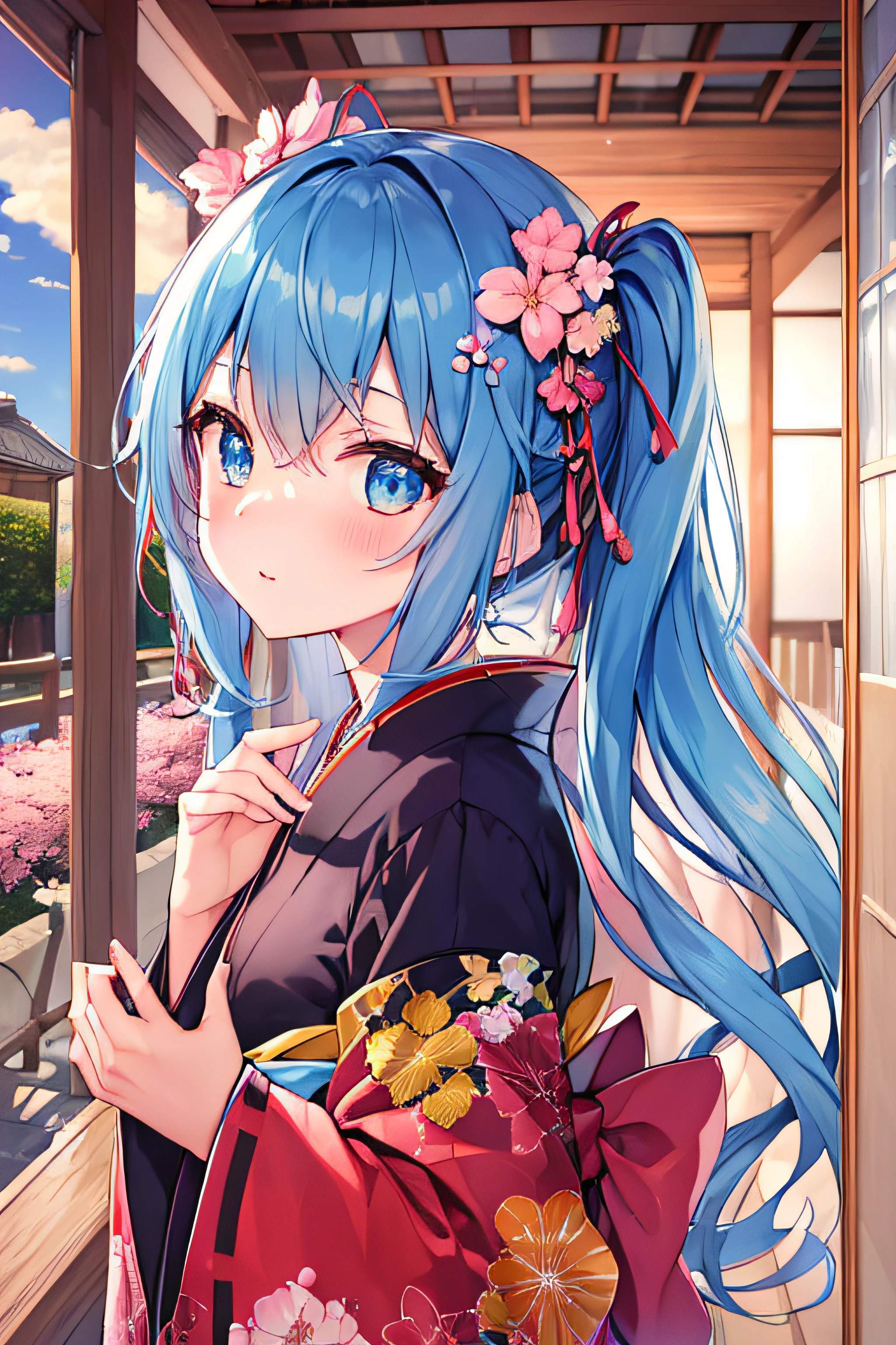 ​masterpiece、Top image quality、超A high resolution、miku hatsune、blue hairs、Twin-tailed、Blushing、Cute and shy、Kimono、kyoto、Japan、during daytime、cherryblossom、Lots of cherry blossom petals、Cherry Blossom Shower、spring