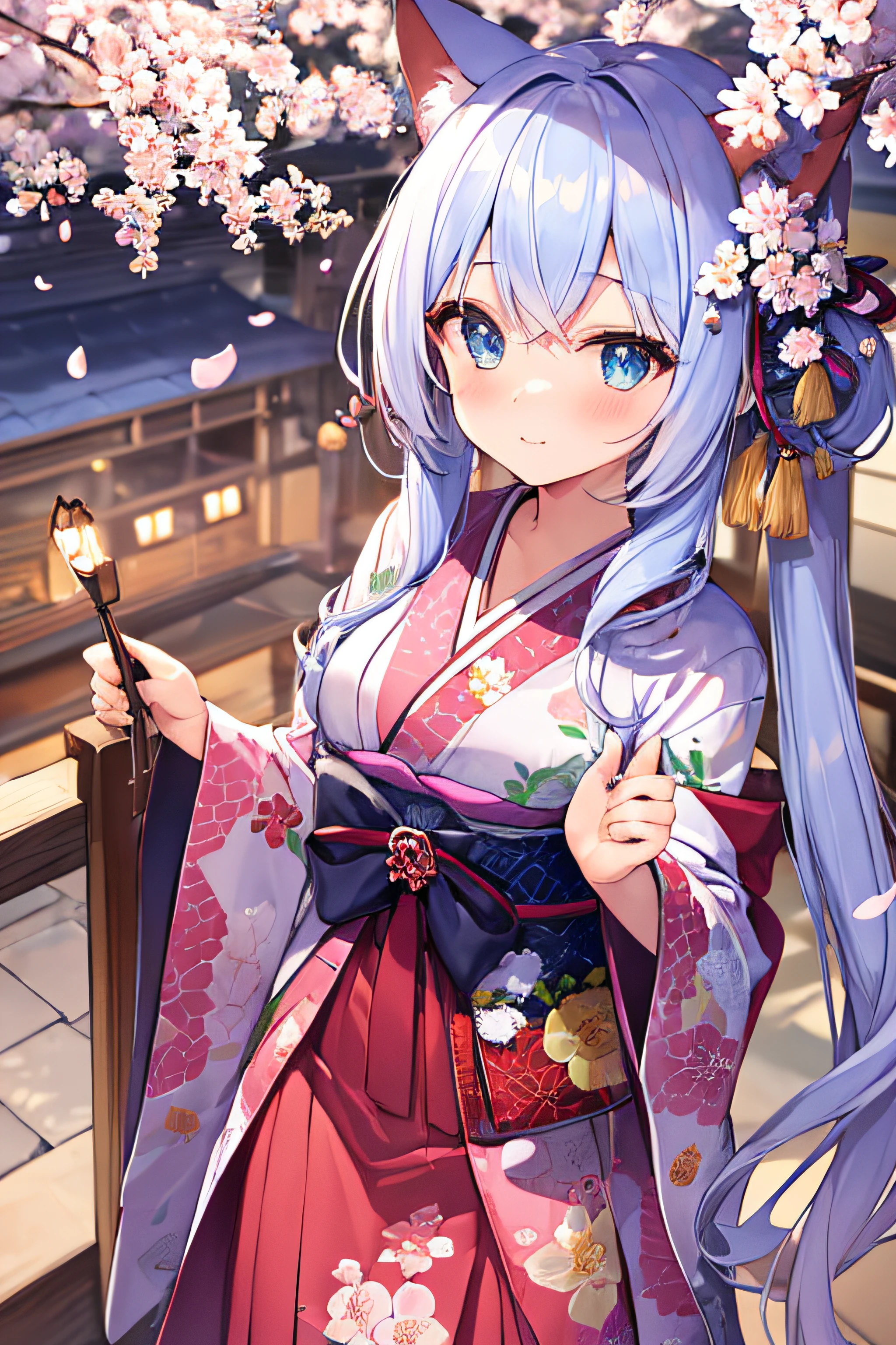 ​masterpiece、Top image quality、超A high resolution、miku hatsune、blue hairs、Twin-tailed、Blushing、Cute and shy、Kimono、kyoto、Japan、during daytime、cherryblossom、Lots of cherry blossom petals、Cherry Blossom Shower、spring