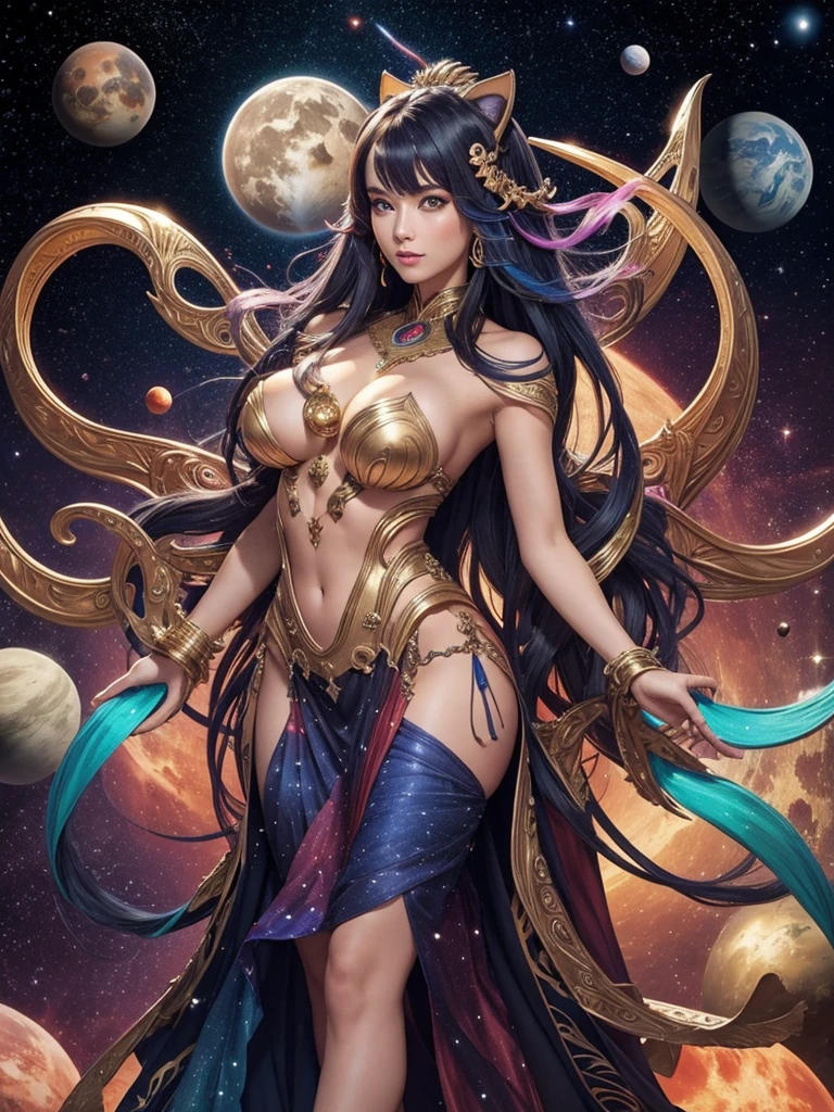 Sexy Colossal Humanoid Multicolored Multi-armed Celestial cat godess with many stars and planets.