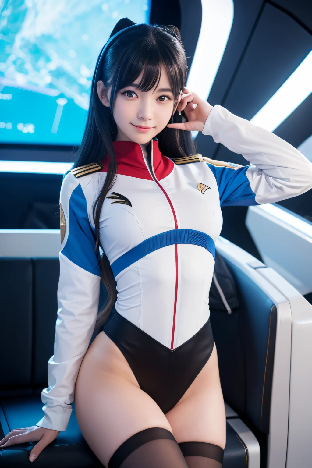 masutepiece, Best Quality, 8K、(Golden Ratio Face、Balanced eyes、very gentle eyelids)、二重まぶた、An innocent face、Young Face、Beautiful nasal muscles、Shy laughter、lipgloss 、Very beautiful girl、Beautiful girl solo like a model、 wearing a starfleet uniform, complete starfleet uniform、clear outfit design、Blue hair、headset on head、skirt by the、pantyhose、battleship cockpit,SFThe world of,anime world girl、futuristic background、