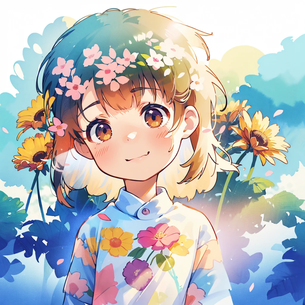 real photograph、Nendoroid wearing a wedding dress standing in front of the painting、A smile、kawaii pose、Watercolor Nendoroid、(HD graphiclowing iridescent silk、On the face、eyes raised、Heart marker、Floral dress、There is a flower in front of the petals below the Nendoroid........、seasons!!: 夏天☀ 🍂、((Stunning painting with super multiple exposures，see background through clothes))