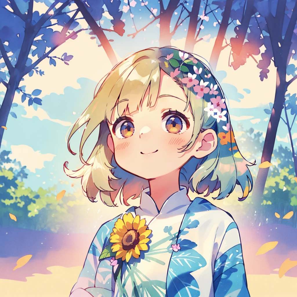 real photograph、Nendoroid wearing a wedding dress standing in front of the painting、A smile、kawaii pose、Watercolor Nendoroid、(HD graphiclowing iridescent silk、On the face、eyes raised、Heart marker、Floral dress、There is a flower in front of the petals below the Nendoroid........、seasons!!: 夏天☀ 🍂、((Stunning painting with super multiple exposures,see background through clothes))
