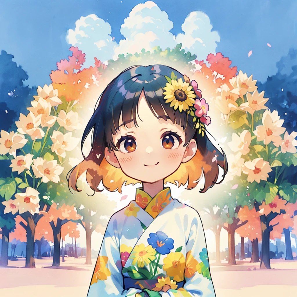 real photograph、Nendoroid wearing a wedding dress standing in front of the painting、A smile、kawaii pose、Watercolor Nendoroid、(HD graphiclowing iridescent silk、On the face、eyes raised、Heart marker、Floral dress、There is a flower in front of the petals below the Nendoroid........、seasons!!: 夏天☀ 🍂、((Stunning painting with super multiple exposures，see background through clothes))
