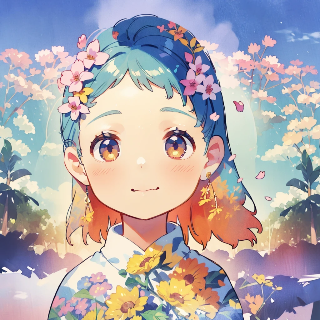 real photograph、Nendoroid wearing a wedding dress standing in front of the painting、A smile、kawaii pose、Watercolor Nendoroid、(HD graphiclowing iridescent silk、On the face、eyes raised、Heart marker、Floral dress、There is a flower in front of the petals below the Nendoroid........、seasons!!: 夏天☀ 🍂、((Stunning painting with super multiple exposures，see background through clothes))