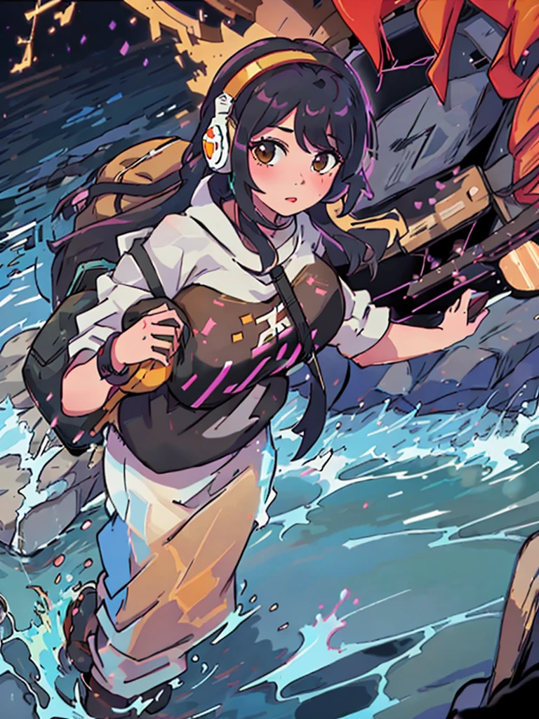 A girl carrying a cute monster、Running in a hurry