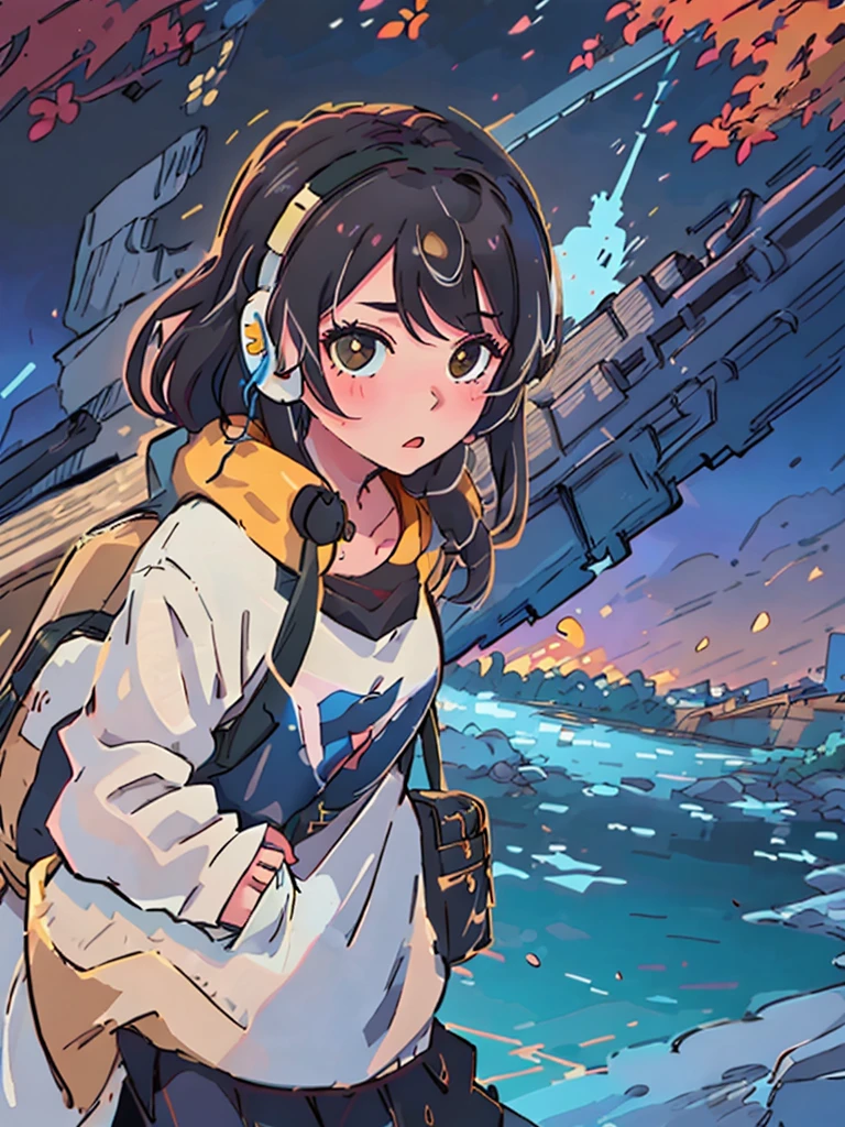 Focus on a girl with black medium-length hair.
Highlight her strolling along the riverbank, carrying a bass bag on her shoulder.
Describe the surrounding background, presenting warm, earthy tones.
Emphasize the riverside scenery, especially during the warm hues of the twilight.
Depict the details of the girl's black medium-length hair.
Highlight her wearing wired headphones, connected to her phone.
Describe the girl wearing trendy clothing.
Emphasize her carrying a guitar bag on her shoulder, possibly featuring stylish design elements