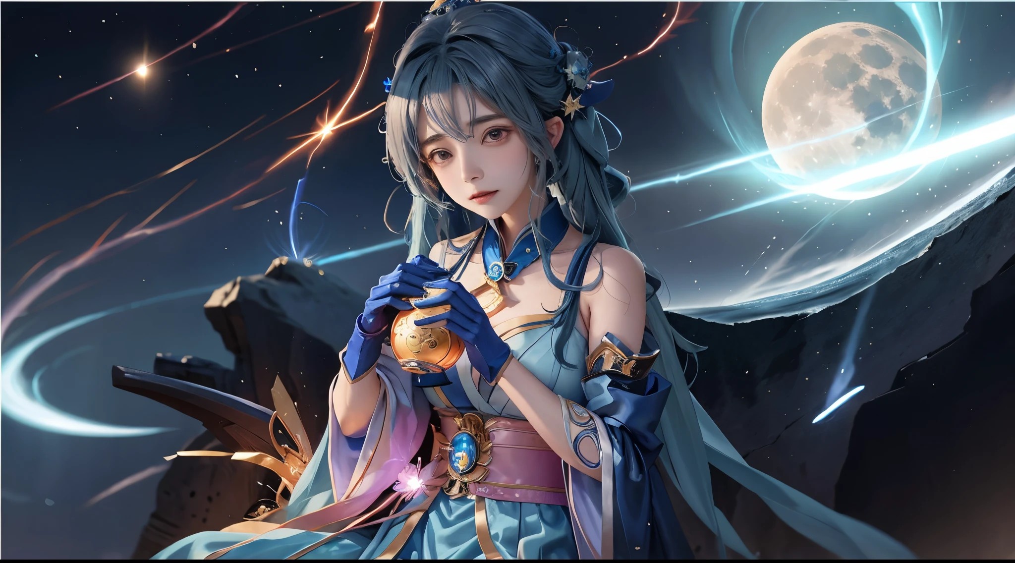 Anime girl holding blue moon in hand, Ayaka Genshin impact, Beautiful celestial mage, 《genshin impact》Ke Qingyu, ayaka game genshin impact, lunar goddess, twelve zodiac knight avatar, muenrias, Genshin impact's character, genshin impact, lunar themed attire, 《genshin impact》Zhongli in Zhongli, Maya Ali as Lightning Wizard，blue hairs，（With black gloves：1.5）