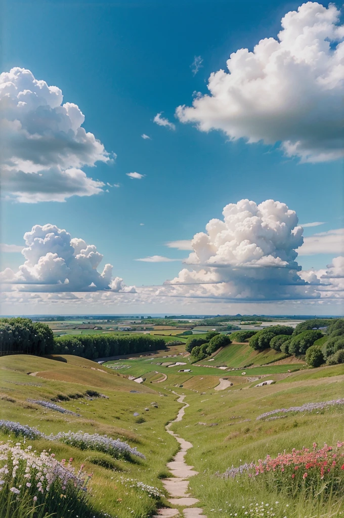 Realistic, authentic, beautiful and amazing landscape oil painting Studio Ghibli Hayao Miyazaki's petal grassland with blue sky and white clouds