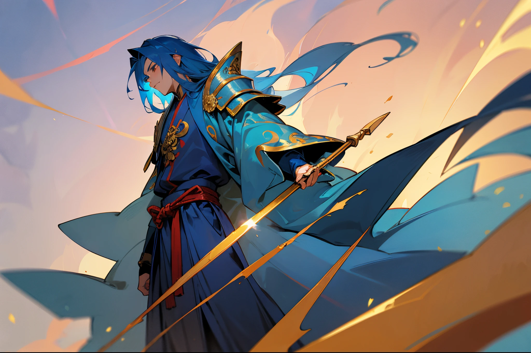 blue hairs，A teenager，male people，Taoist，Handsome，Blue robe，Detail of golden armor，Lazy，Standing on the ground，The sky is full of detailed talismans，Holding a mahogany sword，Messy waist-length hair，dingdall effect